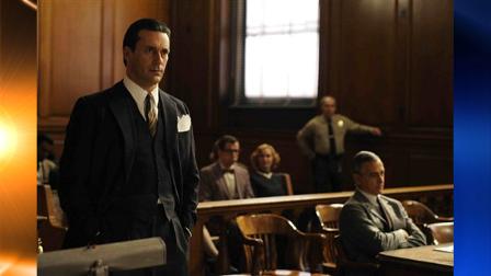 In this film publicity image released by the Sundance Film Festival, Jon Hamm, left, and David Strathairn, seated right, are shown in a scene from the film, Howl.