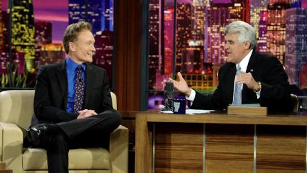 In this photo provided by NBC, Conan OBrien interviewed by Jay Leno during Lenos final taping as host of The Tonight Show in Burbank, Calif. on Friday, May 29, 2009. (AP Photo/NBC, Paul Drinkwater)
