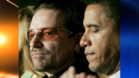 Political activist and entertainer Bono, left, and Sen. Barack Obama, D-Ill., right, attend the National Prayer Breakfast, Thursday, Feb. 2, 2006, in Washington. (AP Photo/Ron Edmonds)