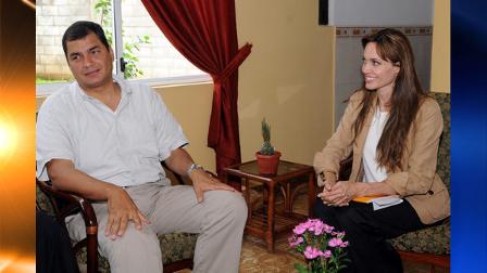 In this photo released by the office of Ecuadors Presidency on Friday June 18, 2010, Ecuadors President Rafael Correa talks with actress and United Nations High Commissioner for Refugees (UNHCR) Goodwill Ambassador Angelina Jolie in Shushufindi, Ecuador, Friday, June 18, 2010. Angelina Jolie is visiting this area in Ecuador where many refugees that have fled from the conflict in Colombia now live. (AP Photo/Ecuadors Presidency)