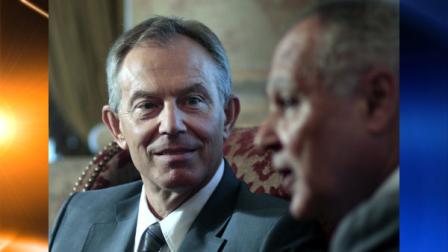 Quartet special envoy to the Middle East and former UK Prime Minister Tony Blair, left, talks to Egyptian foreign minister Ahmed Aboul Gheit in Cairo, Egypt, Thursday July 8, 2010. Talks focused on the Middle East peace process. (AP Photo/Amr Nabil)