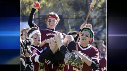 Harvard Hortails Billy Gorman celebrates with his team mates in the Quidditch match against University of Richmond during the 4th annual Quidditch World Cup held at Dewitt Clinton Park Saturday, Nov. 13, 2010 in New York.