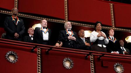 Recipients of the 2010 Kennedy Center Honors, from left, Bill T. Jones, Jerry Herman, Merle Haggard, Oprah Winfrey and Paul McCartney, attend the 2010 Kennedy Center Honors Gala at the Kennedy Center in Washington, Sunday, Dec. 5, 2010. (AP Photo/Manuel Balce Ceneta)