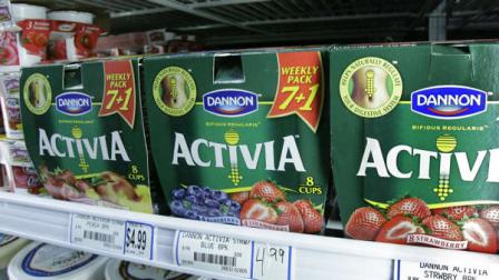 **ADVANCE FOR MONDAY, DEC. 10** Packages of The Dannon Companys Activa yogurt are seen on a grocery shelf Tuesday, Nov. 27, 2007, in Chicago. Activa is one of many new products that contain probiotics, or friendly bacteria and part of a growing trend in foods designed to boost health. (AP Photo/M. Spencer Green)