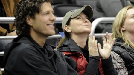 FILE - In this Nov. 6, 2010 file photo, singer Shania Twain sits with Frederic Thiebaud, left, during the third period of an NHL hockey game between the Nashville Predators and the Los Angeles Kings in Los Angeles. The country singer and businessman had a New Years Day wedding in Puerto Rico on Saturday, Jan. 1, 2011. (AP Photo/Gus Ruelas, file)