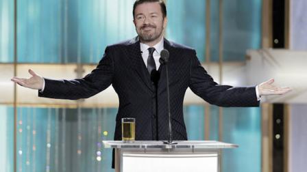 In this publicity image released by NBC, host Ricky Gervais is shown during the 68th Annual Golden Globe Awards, Sunday, Jan. 16, 2011 in Beverly Hills, Calif. (AP Photo/NBC, Paul Drinkwater)