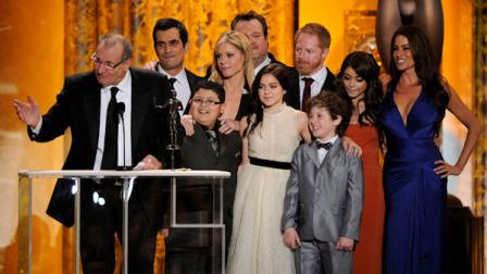 Ed ONeil, left, and the cast of Modern Family accept the award for best ensemble in a comedy series at the 17th Annual Screen Actors Guild Awards on Sunday, Jan. 30, 2011 in Los Angeles. (AP Photo/Mark J. Terrill)