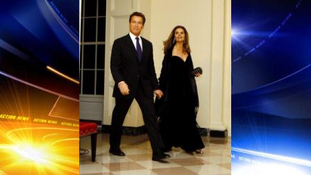 California Gov. Arnold Schwarzenegger, left, and his wife Maria Shriver, right, arrive at the White House to attend a dinner hosted by President Obama, Sunday, Feb. 22, 2009 in Washington.