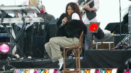 Janet Jackson sits in a chair on stage in New Yorks Battery Park after perfoming a live television concert on ABCs Good Morning America, Wednesday, March 31, 2004. This was Jacksons first television performance since her controversial Super Bowl appearance earlier this year.
