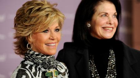 Jane Fonda, left, recipient of the 2011 Sherry Lansing Leadership Award, poses with Lansing at The Hollywood Reporters 20th annual Women in Entertainment Breakfast in Beverly Hills, Calif., Wednesday, Dec. 7, 2011. The event celebrated the 100 most powerful women in the entertainment industry. (AP Photo/Chris Pizzello)