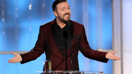 In this image released by NBC, host Ricky Gervais speaks during the 69th Annual Golden Globe Awards, Sunday, Jan. 15, 2012 in Los Angeles. (AP Photo/NBC, Paul Drinkwater)