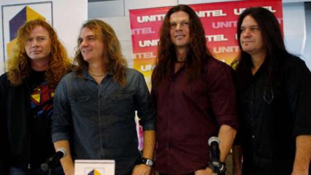 Members of the US trash metal band Megadeth, from left, Dave Mustaine, David Ellefson, Chris Broderick and Shawn Drover pose for photographers during a news conference ahead of their concert in La Paz, Bolivia, Friday, Nov. 25, 2011. Megadeth will perform Friday in La Paz. (AP Photo/Juan Karita)