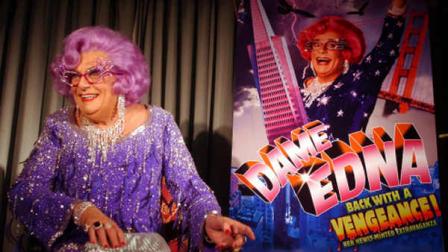 Australian actor Barry Humphries, dressed as Dame Edna Everage, appears at a press conference in San Francisco on Aug. 25, 2004. Humphries play Dame Edna: Back with a Vengeance opens at the Curran Theater in San Francisco on Sept. 7, 2004, and moves to New York where it opens on Nov. 21 at the Music Box Theatre. (AP Photo/Marcio Jose Sanchez)