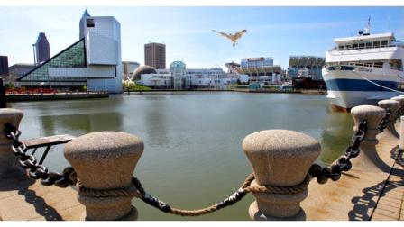 Part of the Cleveland lakefront, including, from left, the Rock and Roll Hall of Fame and Museum, the Great Lakes Science Center, Cleveland Browns Stadium, and the Good Time III excursion ship, are seen on Tuesday, March 27, 2012. Tourism boosters hoping to maximize $2 billion in new attractions, including Ohios first casino, and existing attractions, like these, kicked off a five-year campaign Tuesday to spruce up Cleveland and make it more visitor-friendly. (AP Photo/Amy Sancetta)
