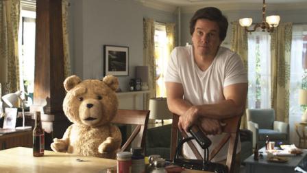 This film image released by Universal Pictures shows Mark Wahlberg, right, with the character Ted, voiced by Seth MacFarlane in a scene from Ted. (AP Photo/Universal Pictures)