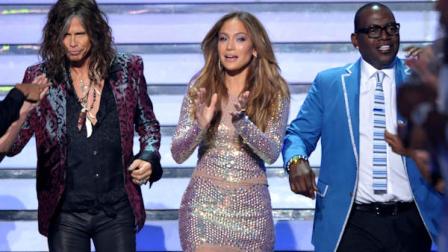From left, judges Steven Tyler, Jennifer Lopez and Randy Jackson appear onstage at the American Idol finale on Wednesday, May 23, 2012 in Los Angeles. (Photo by John Shearer/Invision/AP)