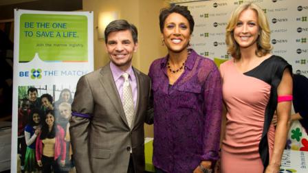 Good Morning America anchors, from left, George Stephanopoulos, Robin Roberts and Lara Spencer attend the Be the Match bone marrow registry held at ABC News, on Tuesday, June 26, 2012 in New York. (Photo by Charles Sykes/Invision/AP)