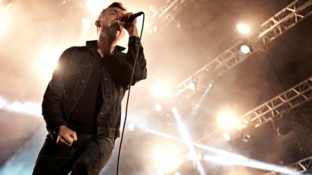 Lead singer Damon Albarn from British rock band Blur, performs at the main stage of the Skanderborg Music Festival 2012 in Skanderborg, Denmark, Thursday evening Aug. 9. 2012. Blur will play at the closing ceremony of the Olympics in London on Sunday. (AP Photo/Polfoto/Sisse Dupont)