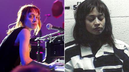 Left: FILE - This March 14, 2012 file photo shows Fiona Apple performing at the NPR showcase during the SXSW Music Festival in Austin, Texas. Apple has been arrested for hashish possession at a West Texas town after a Border Patrol drug-sniffing dog detected marijuana in her tour bus. Sierra Blanca Sheriffs office spokesman Rusty Flemming says the artist spent Wednesday, Sept. 19, at the Hudspeth County jail and would be bonded out Thursday. Fleming says Apple had a little tiny amount of pot and hash. Fleming says marijuana possession in small amounts is a misdemeanor, while hashish in any quantity is a felony in Texas. (AP Photo/Jack Plunkett, file)
Right: This handout photo provided by the Hudspeth County Sheriffs Office shows Fionna Apple. The singer-songwriter has been arrested for hashish possession in Sierra Blanca after a Border Patrol drug-sniffing dog detected marijuana in her tour bus. Sierra Blanca Sheriffs office spokesman Rusty Flemming says the artist spent Wednesday night at the Hudspeth County jail and would be bonded out Thursday. (AP Photo/Hudspeth County Sheriffs Office)
