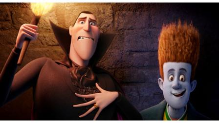 This film image released by Sony pictures shows Dracula, voiced by Adam Sandler, left, and Johnnystein, voiced by Andy Samberg in a scene from Hotel Transylvania. (AP Photo/Sony Pictures)