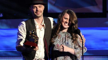 Jesse and Joy accept the best contemporary pop vocal album award for Con Quien Se Queda el Perro at the 13th Annual Latin Grammy Awards at Mandalay Bay on Thursday, Nov. 15, 2012, in Las Vegas. (Photo by Al Powers/Powers Imagery/Invision/AP)