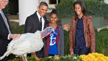 President Barack Obama, with daughters Sasha, center, and Malia, right, carries on the Thanksgiving tradition of saving a turkey from the dinner table with a presidential pardon, at the White House in Washington, Wednesday, Nov. 21, 2012. After the ceremony, Cobbler will head to George Washingtons historic home in Virginia to be part of the Christmas at Mount Vernon exhibition. National Turkey Federation Chairman Steve Willardsen is at left. (AP Photo/J. Scott Applewhite)