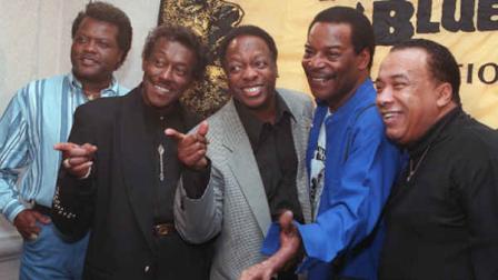 The Spinners ham it up for the media during a Rhythm and Blues Foundation news conference in New York, Thursday, Feb. 27, 1997. The group, featuring from left: John Edwards, Bobby Smith, Henry Fambrough, Pervis Jackson and Billy Henderson, are to receive the foundations lifetime achievement honors during ceremonies in New York, Thursday evening. (AP Photo/Marty Lederhandler)