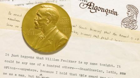 This undated photo provided by Sothebys shows the 1950 Nobel Prize medal awarded to William Faulkner and a draft of his acceptance speech for his Nobel Prize for Literature. Manuscripts and personal letters of the late author, whose original writings are a rarity in the literary marketplace, can be viewed Wednesday, April 10, 2013, at Sothebys in New York - an event to whet the appetites of scholars ahead of a June 11 auction. (AP Photo/Sothebys)