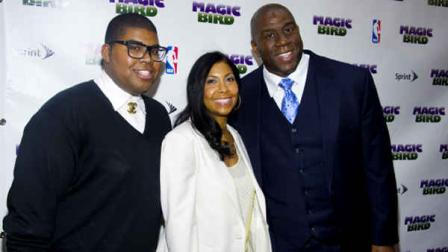 FILE - This April 11, 2012 file photo shows Magic Johnson, right, his wife Cookie and son E.J. arriving for the opening night performance of the Broadway play Magic/Bird in New York. The 20-year-old son of basketball great Magic Johnson is surprised by the public interest in his being gay, something that he revealed to his supportive family several years ago. Earvin Johnson III, known as E.J., says he feels like hes coming out of the closet a second time and that hes reveling in the experience _ even though news of his sexual orientation broke publicly sooner than he had planned. (AP Photo/Charles Sykes, File)