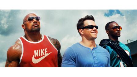 This undated publicity photo released by courtesy of Paramount Pictures shows, from left, Dwayne Johnson as Paul Doyle, Mark Wahlberg as Daniel Lugo and Anthony Mackie as Adrian Doorbal in the film, Pain and Gain, directed by Michael Bay from Paramount Pictures. The film releases in theaters April 26, 2013. (AP Photo/Paramount Pictures)