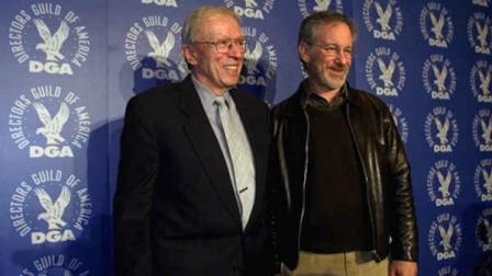 Director Steven Spielberg, right, with Directors Guild of America President Jack Shea appear Monday, Jan. 22, 2001, at the DGA headquarters in Los Angeles, where Spielberg announced the five nominees for Outstanding Directorial Achievement in Feature Film for 2000. The winner will be announced at the 53rd Annual DGA Awards Dinner on March, 10, 2001. The nominees are Cameron Crowe for Almost Famous; Ang Lee for Crouching Tiger, Hidden Dragon; Ridley Scott for Gladiator; and Steven Soderbergh for Erin Brockovich, and Traffic. (AP Photos/Damian Dovarganes)