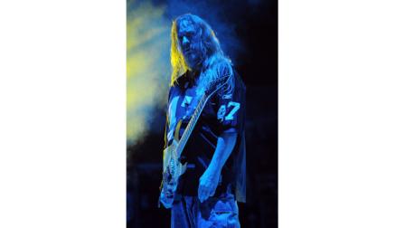 Slayer guitarist and founding member Jeff Hanneman died on May 2, 2013 of liver failure. He was 49. Pictured: Jeff Hanneman performs on October 3, 2010 in Miami Beach Florida. (Photo by Jeff Daly/Invision/AP)