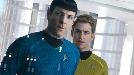 This undated publicity film image released by Paramount Pictures shows, Zachary Quinto, left, as Spock and Chris Pine as Kirk in a scene in the movie, Star Trek Into Darkness, from Paramount Pictures and Skydance Productions. (AP Photo/Paramount Pictures, Zade Rosenthal)