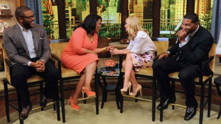 This image released by Disney-ABC Domestic Television shows actor-director-producer Tyler Perry, left, with Oprah Winfrey, and co-hosts Kelly Ripa, second right, and Michael Strahan, right, on Live with Kelly and Michael, on Tuesday, May 28, 2013 in New York. (AP Photo/Disney-ABC Domestic Television, David Russell)