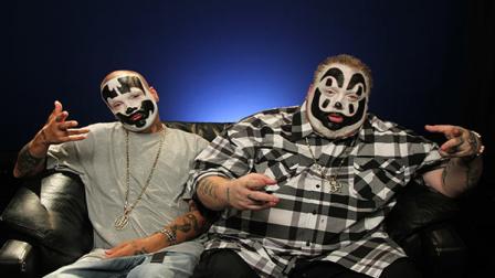 This July 29, 2013 photo shows Joseph Utsler, also known as Shaggy 2 Dope, left, and Joseph Bruce, also known as Violent J, from Insane Clown Posse, in New York. On their FUSE TV weekly show, the Detroit-area rappers critique all things pop culture, claiming to bring an outsiders perspective. A good part of the show has the guys critiquing music videos, much like Beavis and Butthead from a generation ago. (AP Photo/John Carucci)