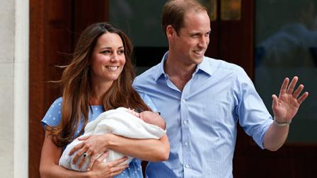 Britains Prince William and Kate, Duchess of Cambridge hold the Prince of Cambridge, Tuesday July 23, 2013, as they pose for photographers outside St. Marys Hospital exclusive Lindo Wing in London where the Duchess gave birth on Monday July 22. The Royal couple are expected to head to Londons Kensington Palace from the hospital with their newly born son, the third in line to the British throne. (AP Photo/Lefteris Pitarakis)