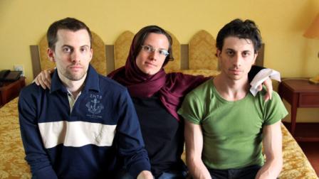 FILE - In this May 20, 2010 file photo, American hikers Shane Bauer, left, Sarah Shourd, center, and Josh Fattal, sit at the Esteghlal Hotel in Tehran, Iran.
