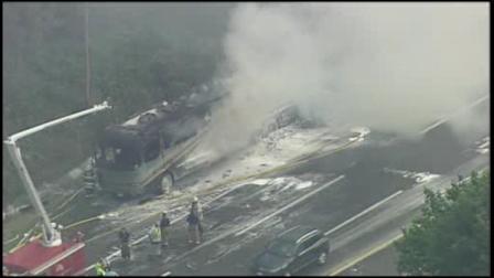 A collision between a truck and a bus resulted in a fire on the New Jersey Turnpike on June 28, 2011.
