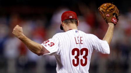 Philadelphia Phillies starting pitcher Cliff Lee reacts after winning an interleague baseball game against the Boston Red Sox, Tuesday, June 28, 2011, in Philadelphia. Philadelphia won 5-0.