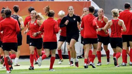 United States players warm up during a training session in preparation for the final match against Japan during the Womens Soccer World Cup Final in Frankfurt, Germany, Saturday, July 16, 2011.