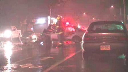 One person was injured in a crash between a car and fire truck.