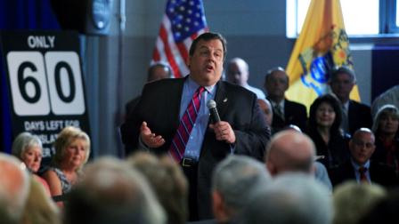 New Jersey Gov. Chris Christie addresses a gathering at a town hall meeting in Garfield, N.J., Wednesday, May 2, 2012. Christie told the audience in Bergen County Wednesday that Democrats in the lower house are obsessed with raising taxes. Christie is trying to drum up support for his plan to reduce income taxes by 10 percent over four years. The Assembly and Senate have offered competing plans. (AP Photo/Mel Evans)