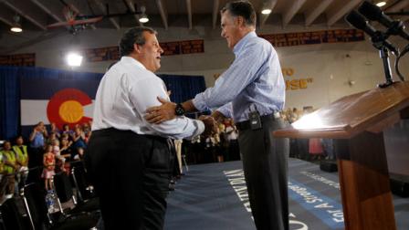 Republican presidential candidate and former Massachusetts Gov. Mitt Romney greets New Jersey Gov. Chris Christie as he campaigns at Basalt Public High School, in Basalt, Colo., Thursday, Aug. 2, 2012, en route to Aspen, Colo. (AP Photo/Charles Dharapak)