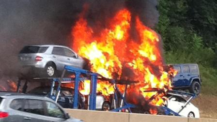 Car carrier fire on Pa. Turnpike