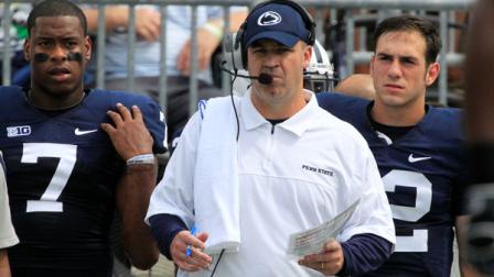 Penn State head coach Bill OBrien, center, stands in front of Penn State quarterbacks Paul Jones (7) Steven Bench, right, on the sidelines during the first quarter of an NCAA college football game against Ohio at Beaver Stadium in State College, Pa., Saturday, Sept. 1, 2012. (AP Photo/Gene J. Puskar)