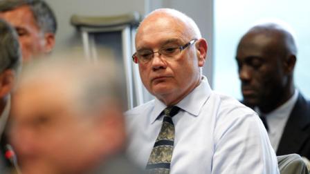 Penn State acting Athletic Director David Joyner listens during Penn State University board of trustees member meeting at the schoolss Worthington Scranton campus, Friday, July 13, 2012, in Dunmore, Pa. (AP Photo/Matt Rourke)