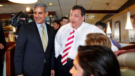 New Jersey Gov. Chris Christie, right, and state Sen. Joe Kyrillos, left, greet diners during a campaign event at a diner in West Windsor, N.J., Monday, Oct. 15, 2012. The governor hoped to give Kyrillos, his friend of 20 years, a boost by appearing at the event as Kryillos campaigns for U.S. Senate. Kyrillos is running against Democratic Sen. Bob Menendez. (AP Photo/Mel Evans)