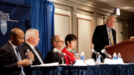 Penn State President Rodney Erickson, at far right, introduces members of the Board of Trustees available for media questions following the regularly scheduled Penn State Board of Trustees meeting in State College, Pa., Friday, Jan. 20, 2012. Seated at the table from left to right are trustee Kenneth Frazier, trustee and Pennsylvania Governor Tom Corbett, board vice chair Keith Masser and board president Karen Peetz. Erickson had used the board meeting as an opportunity to try to address the perception that the university isnt being as open and honest as it could be in the wake of the Jerry Sandusky scandal. (AP Photo/Andy Colwell)
