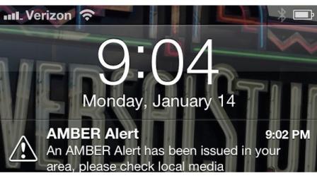A screenshot of an iPhone after receiving an Amber Alert through the Wireless Emergency Alerts system.