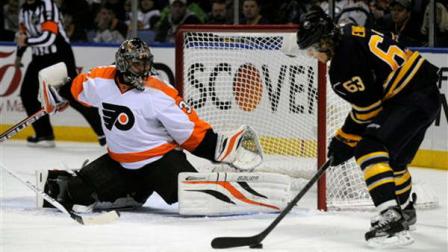 Philadelphia Flyers goaltender Ilya Bryzgalov, of Russia, gets ready for a shot by Buffalo Sabres left winger Tyler Ennis during the first period of an NHL season opener hockey game in Buffalo, N.Y., Sunday, Jan. 20, 2013. (AP Photo/Gary Wiepert)